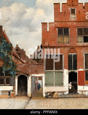Johannes Vermeer - Blick auf die Häuser in Delft, wie "Die kleine Straße" bekannt. Circa 1658. Öl auf Leinwand. Rijksmuseum Amsterdam, Niederlande. Stockfoto