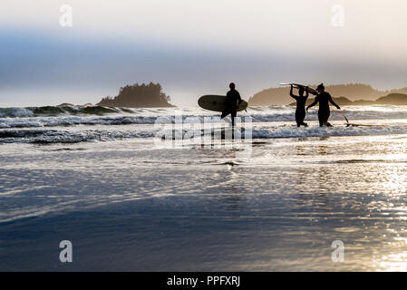 Surfer gehen an shoeline, Chesterman Beach, Tofino, Britisch-Kolumbien, Kanada Stockfoto