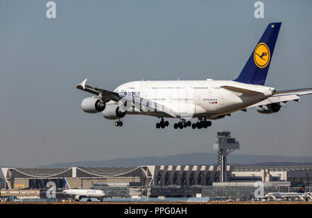 Flughafen Frankfurt/Main, FRA, Fraport, Lufthansa Airbus A380, nähern, Stockfoto