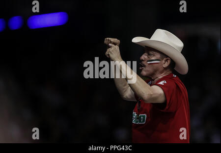 Aficionado que Viste de sombrero Vaquero y Jersey de Mexico anima a la afición, durante El Segundo partido Halbfinale de la Serie del Caribe en el Nue Stockfoto