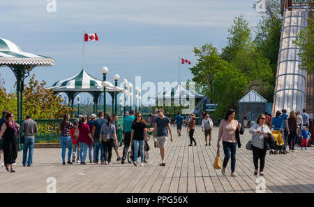 Touristen genießen Sie einen Spaziergang auf dem Holzsteg der Dufferin Terrace, neben dem Sankt-Lorenz-Strom. Quebec City, Quebec, Kanada Stockfoto