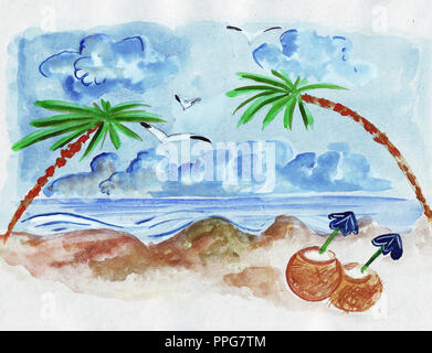 Hand Marker und Farben Strand und hängen von Palmen am Strand in den Strahlen der untergehenden Sonne und einer Chaiselongue am Ufer gezogen Stockfoto