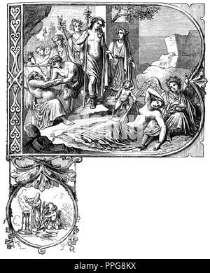 Dionysos, Gott des Weines, Ansätze der verlassenen Ariadne, Kapitel Vignette, anonym 1867 Stockfoto