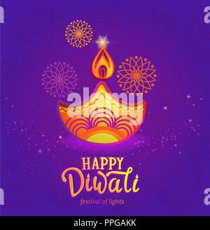 Indian Festival der Lichter - Happy Diwali, cute Banner, Grußkarte mit Symbol der Öllampe und Feuer. Perfekt für Werbung, Plakate, Flyer, Hintergründe. Vector Illustration. Stock Vektor