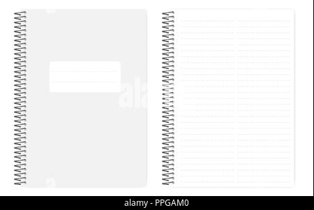 Zwei Spalte gestrichelte Linie Notebook mit seitlicher Perforation Blätter, realistisch mockup. Leitung A4 Notizblock gebunden, Mock up. Loses Blatt copybook, Vorlage Stock Vektor
