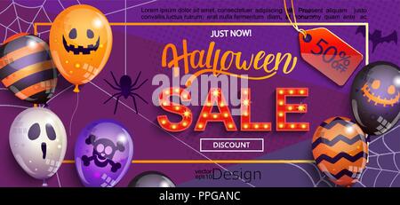 Verkauf Banner für Happy Halloween Urlaub mit Schriftzug, retro Licht Zeichen und Monster Luftballons. 50 Prozent Rabatt Karte für Web, Plakat, Flyer, Anzeige, Aktionen, Blogs, Social Media Marketing. Vektor. Stock Vektor