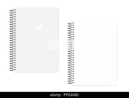 Zwei Spalte gestrichelte Linie Spirale Notebook mit seitlicher Perforation Blätter, realistisch Vektor mockup. Leitung A5 Größe notepad gebunden, Mock up. Loses blatt Notizen Stock Vektor