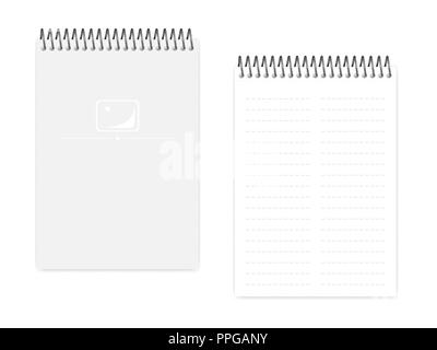 Zwei Spalte gestrichelte Linie oben Spirale notebook, realistische Vektor mockup. Leitung A5 Größe notepad gebunden, Mock up. Loses blatt Notiz Buch, Vorlage Stock Vektor