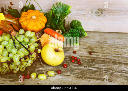 Grüne Trauben in einen Korb und reife Äpfel, rote Johannisbeere, orange dekorative Kürbis und Squash mit Blättern auf Holzuntergrund mit copy-Platz. Stockfoto