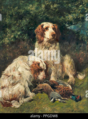 Emms John - Zwei Clumber Spaniels mit Spiel in einer Landschaft Stockfoto