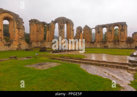 Byland Abbey auf einem nassen nebligen Tag in North Yorkshire Stockfoto