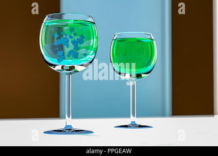 Grüne Viren in einem Glas Wein (3D-Rendering) Stockfoto