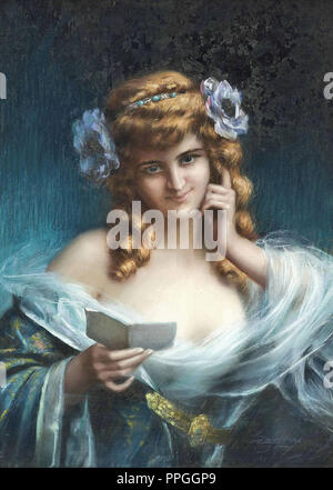 Enjolras Delphin-Frau in Blau lesen einen Brief Stockfoto