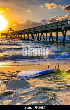 Surfboard auf Deerfield Beach bei Sonnenaufgang Liegen. Mit der Deerfield Internationale Fishing Pier im Hintergrund Stockfoto
