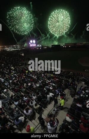 Fuegos artificiales Durante la inauguración de la Serie del Caribe 2013 en Estadio Sonora, construido profesamente para este Encuentro internacional. Stockfoto