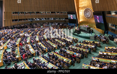 New York, USA, 25. September 2018. US-Präsident Donald Trump Adressen der Eröffnung der 73. Generalversammlung der Vereinten Nationen in New York City. Foto von Enrique Shore Credit: Enrique Ufer/Alamy leben Nachrichten Stockfoto