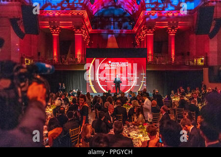 New York, USA, 24. September 2018. Argentinische Präsident Mauricio Macri seiner Dankesrede nach Erhalt des Atlantischen Rates Global Citizen Award im Rahmen einer Zeremonie in Cipriani Wall Street in New York City. Foto von Enrique Shore Credit: Enrique Ufer/Alamy leben Nachrichten Stockfoto