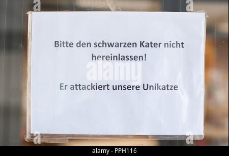 25. September 2018, Niedersachsen, Salzgitter: ein Schild hängt an der Tür der Universität Hildesheim. Seit 2002 ist eine einzigartige Katze namens "Fräulein Sünder' lebt auf dem Campus und ist liebevoll nach durch Studierende, Mitarbeiter und Wissenschaftler. (Dpa' Zwischen Hörsaal und nukleare Abfälle Lagerung: Katzen an ungewöhnlichen Orten" vom 26.09.2018) Foto: Julian Stratenschulte/dpa Stockfoto