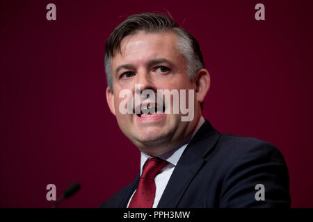 Liverpool, Großbritannien. 26. September 2018. Jon Ashworth, Schatten Staatssekretär für Gesundheit und Soziales und Arbeit MP für Leicester Süden spricht auf Konferenz der Labour Party in Liverpool. © Russell Hart/Alamy Leben Nachrichten. Stockfoto