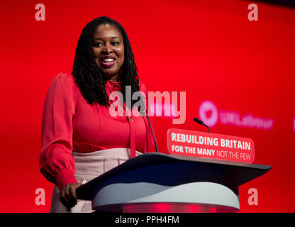 Liverpool, Großbritannien. 26. September 2018. Dawn Butler, Schatten Staatssekretärin für Frauen und Gleichstellung, Schattenminister für unterschiedlichen Gemeinschaften und Arbeit MP für Brent Zentrale spricht auf Konferenz der Labour Party in Liverpool. © Russell Hart/Alamy Leben Nachrichten. Stockfoto