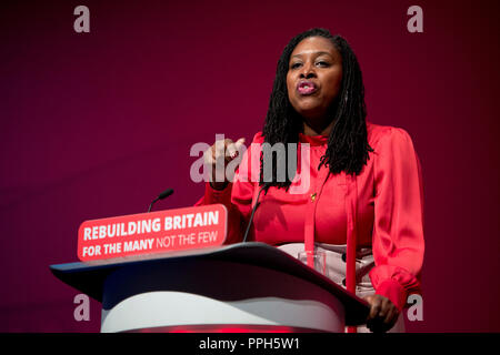 Liverpool, Großbritannien. 26. September 2018. Dawn Butler, Schatten Staatssekretärin für Frauen und Gleichstellung, Schattenminister für unterschiedlichen Gemeinschaften und Arbeit MP für Brent Zentrale spricht auf Konferenz der Labour Party in Liverpool. © Russell Hart/Alamy Leben Nachrichten. Stockfoto