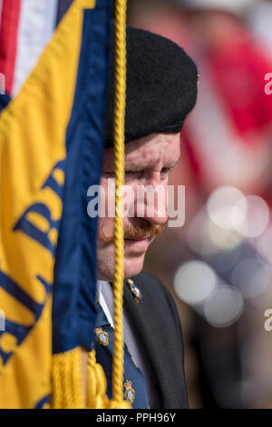 Ein Royal British Legion Erinnerung Parade und Flagge oder Standartenträger. Ältere Gentleman oder Veteran holding Flagge bei einer Parade am Armistice Day. Stockfoto