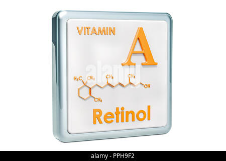 Vitamin A, Retinol. Symbol, die chemische Formel, molekulare Struktur auf weißem Hintergrund. 3D-Rendering Stockfoto