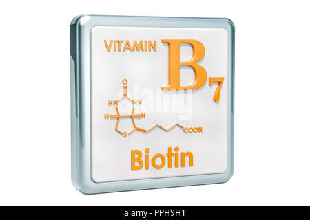 Vitamin B7, Biotin. Symbol, die chemische Formel, molekulare Struktur auf weißem Hintergrund. 3D-Rendering Stockfoto
