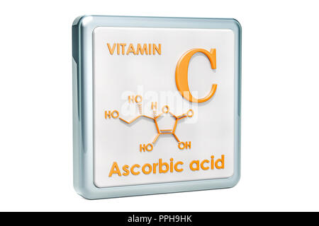 Vitamin C Ascorbinsäure. Symbol, die chemische Formel, molekulare Struktur auf weißem Hintergrund. 3D-Rendering Stockfoto