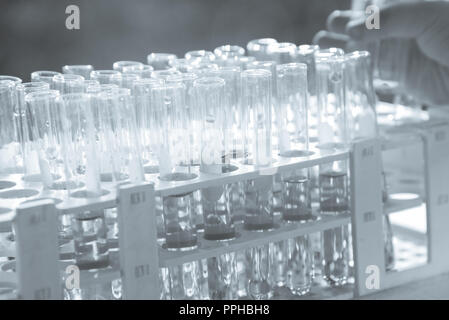 Labor Forschung Wissenschaft Glas Elemente hinzufügen Drop zu einer von mehreren Reagenzgläser. Ein wissenschaftliches Experiment in einem wissenschaftlichen Labor. Stockfoto