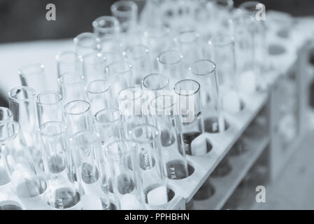 Labor Forschung Wissenschaft Glas Elemente hinzufügen Drop zu einer von mehreren Reagenzgläser. Ein wissenschaftliches Experiment in einem wissenschaftlichen Labor. Stockfoto