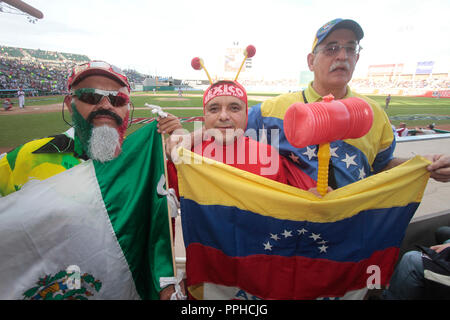 Bürgermeister, Matraquero Chapulin Colorado y Aficionado con la Bandera de Venezuela. . Durante la Serie del Caribe 2013 de Beisbol, Mexiko vs Venezuela, Stockfoto