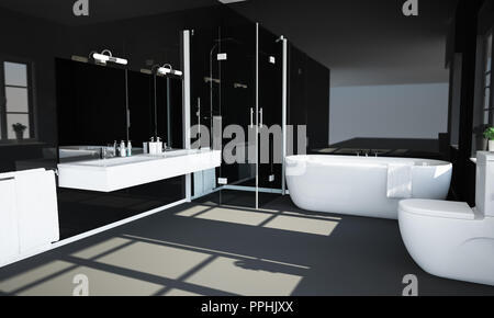 Schwarz Badezimmer mit reflektierenden Wänden 3D-Rendering Stockfoto