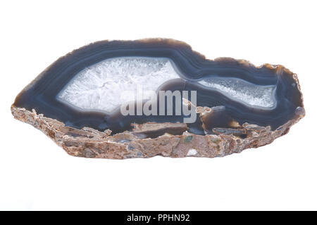 Poliert große natürliche Achat Scheibe aus Brasilien isoliert auf weißem Hintergrund. Achat Geode Slice. Crystal Display Stück. Dekor. Heilung Kristall. Stockfoto