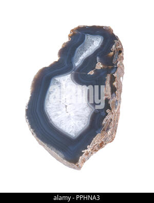 Poliert große natürliche Achat Scheibe aus Brasilien isoliert auf weißem Hintergrund. Achat Geode Slice. Crystal Display Stück. Dekor. Heilung Kristall. Stockfoto