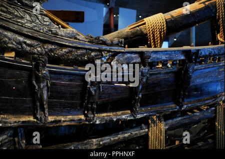 Kriegsschiff Vasa. Auf Befehl des Königs von Schweden Gustav Adolf 1626-1628 gebaut. Detail. Vasa-Museum. Stockholm. Schweden. Stockfoto