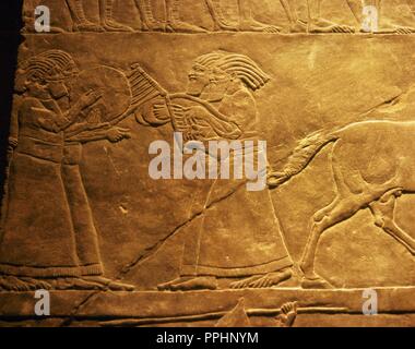 Palast von Assurbanipal, Ninive, Irak. Relief, Detail. Musik Szene. Obere Mesopotamien. Neuassyrischen Reich, 7. Jahrhundert v. Chr.. Louve Museum. Paris, Frankreich. Stockfoto