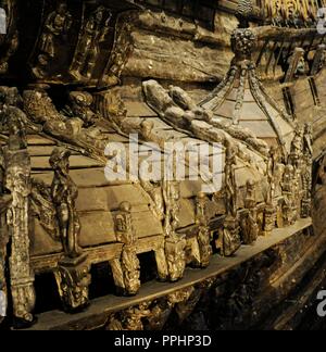 Kriegsschiff Vasa. Auf Befehl des Königs von Schweden Gustav Adolf 1626-1628 gebaut. Detail der Skulpturen des Rumpfes. Vasa-Museum. Stockholm. Schweden. Stockfoto