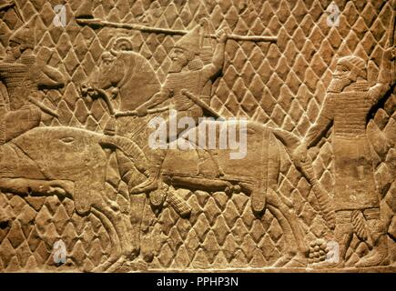 Mesopotamien. Kampagne des König Assurbanipal. Krieger. Detail. Relief. Palast von Ninive. 7. Jahrhundert V.Chr. Assyrer. Stockfoto