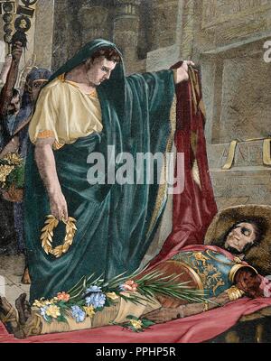 Der römische Politiker und General Marcus Antonius (83-30 v. Chr.) vor dem toten Körper von dem römischen Staatsmann Julius Caesar (100-44 v. Chr.). Gravur. des 19. Jahrhunderts. Farbige. Stockfoto
