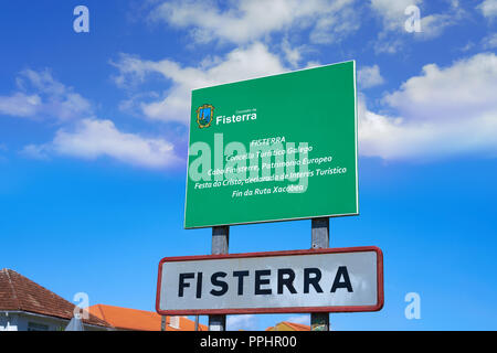 Fisterra oder Finisterre Schild Ende des Camino de Santiago Jakobsweg Galicien Spanien Stockfoto