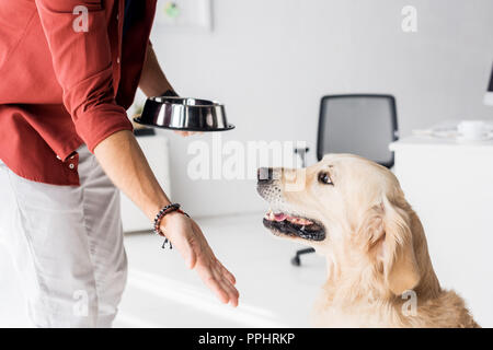 7/8-Ansicht von Mann mit Hund Schüssel Hand geben Golden Retriever Hund Stockfoto