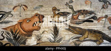 Römisches Mosaik. Nilotischen Landschaft. Pompeji, Haus des Faun (VI, 12, 2). 2. Jahrhundert vor Christus. Nationales Archäologisches Museum, Naples. Italien. Stockfoto