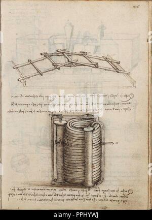 Seite DES VERTRAGS VON STATIK UND MECHANIK - Manuskript - 15. JAHRHUNDERT - italienische Renaissance. Autor: LEONARDO DA VINCI. Lage: Biblioteca Nacional - coleccion. MADRID. Spanien. Stockfoto