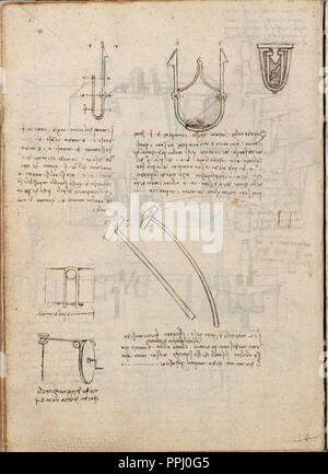 Seite DES VERTRAGS VON STATIK UND MECHANIK - Manuskript - 15. JAHRHUNDERT - italienische Renaissance. Autor: LEONARDO DA VINCI. Lage: Biblioteca Nacional - coleccion. MADRID. Spanien. Stockfoto