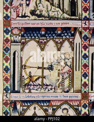 MTI 1 - "CANTIGA DE SANTA MARIA' Nº 126-F 179 R - CHIRURG AUSZÜGE EIN PFEIL MIT HILFE EINER ARMBRUST, 13. Autor: Alfons X. von Kastilien. Lage: MONASTERIO - BIBLIOTECA - coleccion. SAN LORENZO DEL ESCORIAL. MADRID. Spanien. Stockfoto