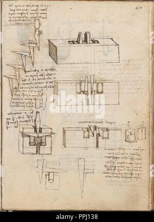 Seite DES VERTRAGS VON STATIK UND MECHANIK - Manuskript - 15. JAHRHUNDERT - italienische Renaissance. Autor: LEONARDO DA VINCI. Lage: Biblioteca Nacional - coleccion. MADRID. Spanien. Stockfoto