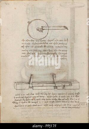 Seite DES VERTRAGS VON STATIK UND MECHANIK - Manuskript - 15. JAHRHUNDERT - italienische Renaissance. Autor: LEONARDO DA VINCI. Lage: Biblioteca Nacional - coleccion. MADRID. Spanien. Stockfoto