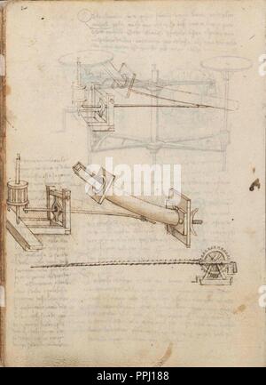 Seite 21 V DES VERTRAGS VON STATIK UND MECHANIK - Manuskript - 15. JAHRHUNDERT - italienische Renaissance. Autor: LEONARDO DA VINCI. Lage: Biblioteca Nacional - coleccion. MADRID. Spanien. Stockfoto