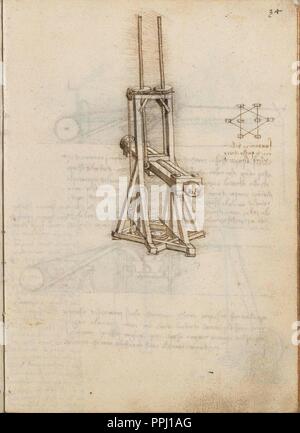 Seite 34 DER VERTRAG VON STATIK UND MECHANIK - Manuskript - 15. JAHRHUNDERT - italienische Renaissance. Autor: LEONARDO DA VINCI. Lage: Biblioteca Nacional - coleccion. MADRID. Spanien. Stockfoto